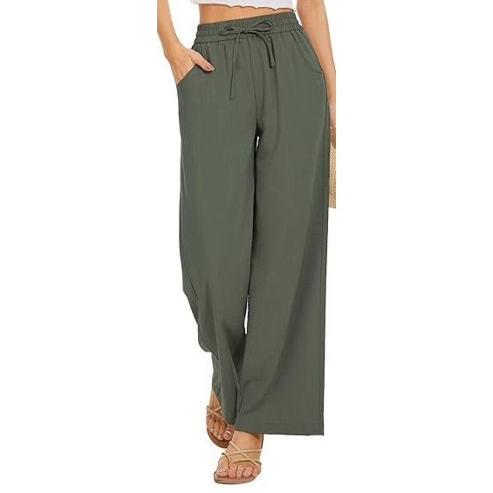 Kiczoy Women's Loose Fit High Rise Wide Leg Palazzo Beach Pants - Green - Large